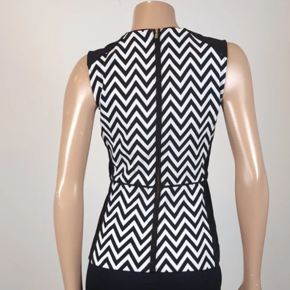 H&M Chevron Print Sleeveless Peplum Top Ponte Fitted Stretch Black White Party - Picture 6 of 11